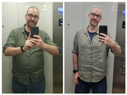 image shows before and after journey of weight loss