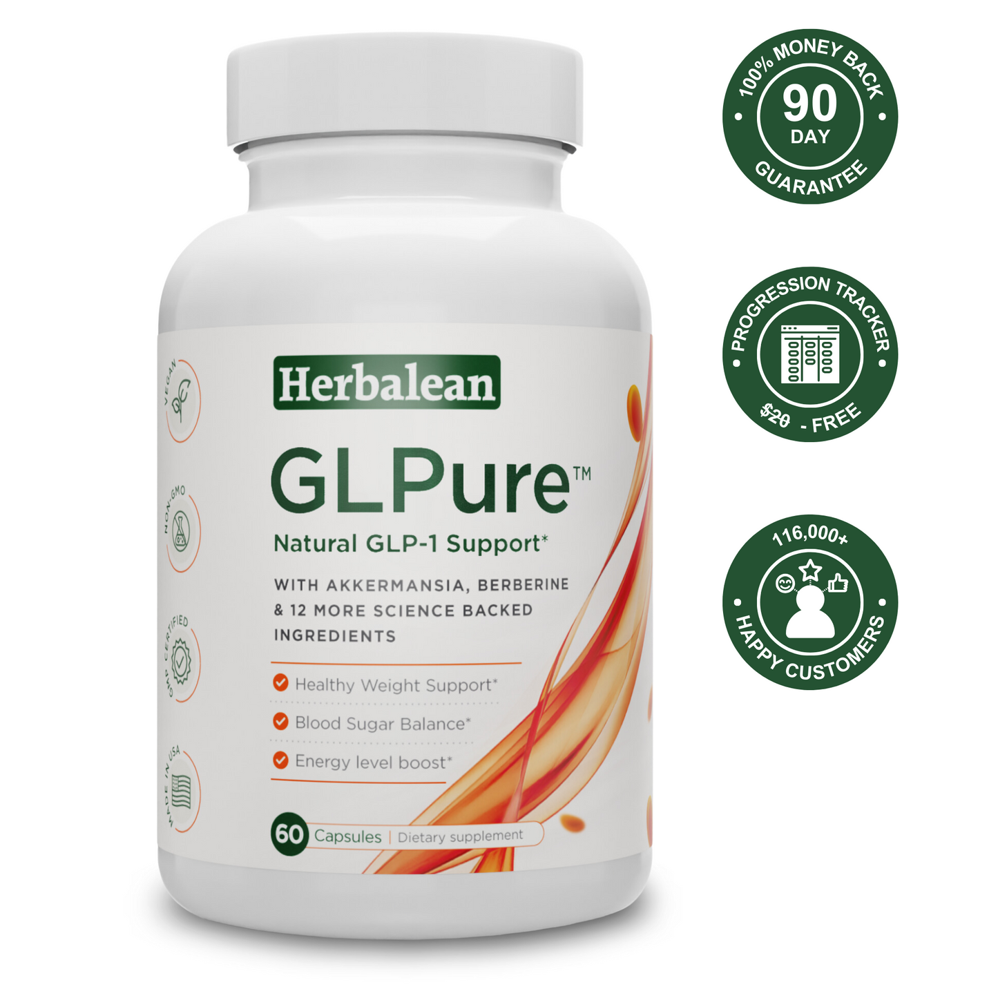 Herbalean GLPure supplement bottle with natural GLP-1 support, free tracker