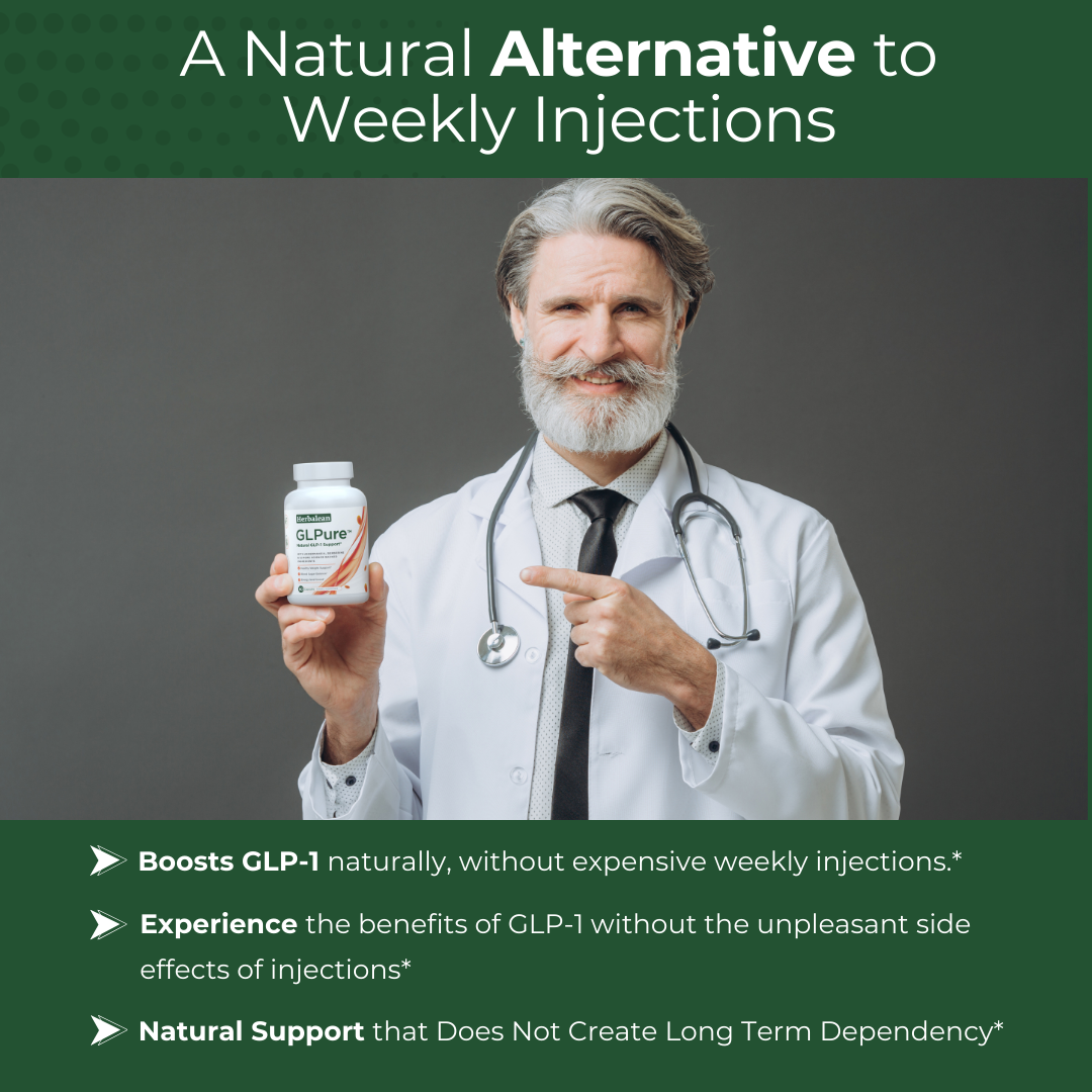 Doctor holding GLPure bottle, presenting it as a natural alternative to weekly injections.