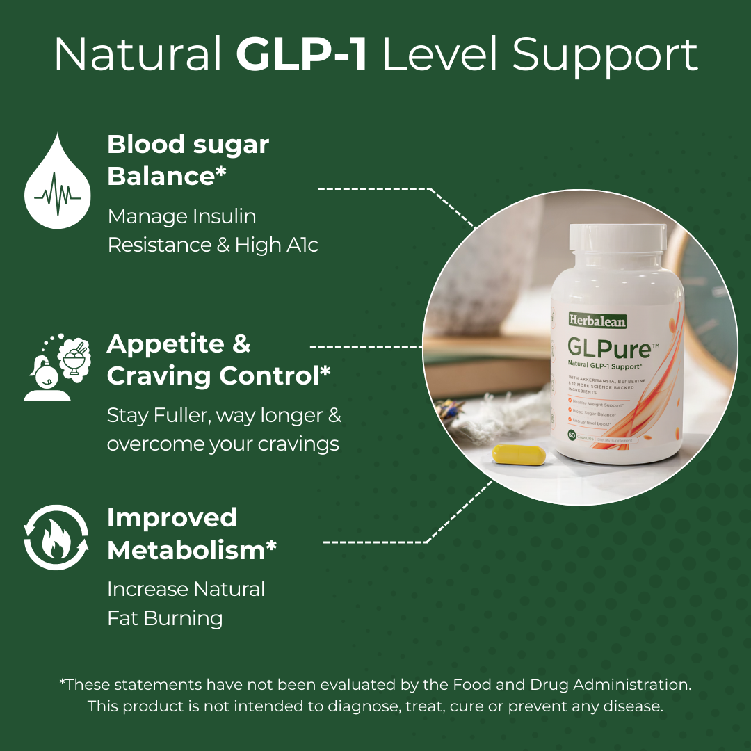 Natural GLP-1 level support with GLPure, highlighting benefits like blood sugar balance and metabolism.