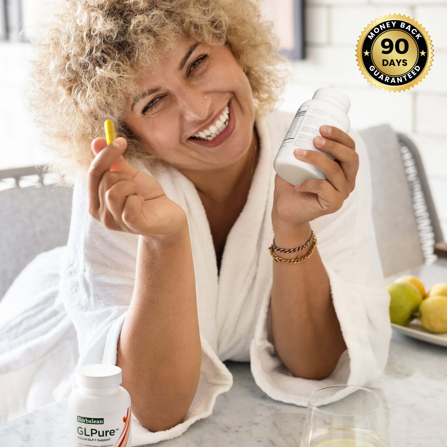 Woman smiling while holding a GLPure supplement, showcasing natural health support.