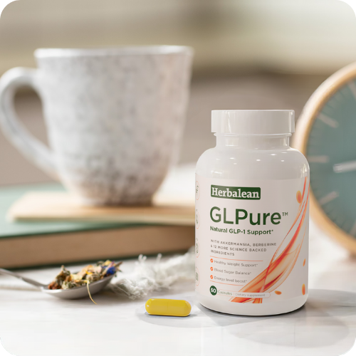 GLPure supplement bottle on a table with a cup and herbal ingredients