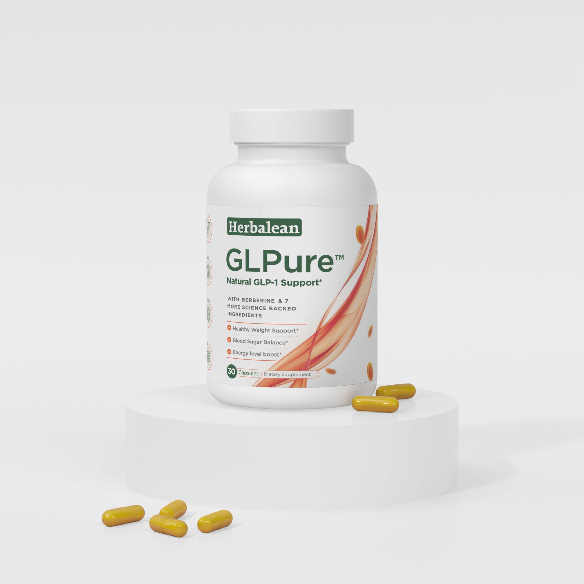 GLPure supplement bottle on a white pedestal with capsules around it for natural support.