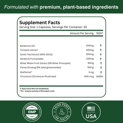 Supplement facts for GLPure, highlighting the plant-based ingredients and dosage information.