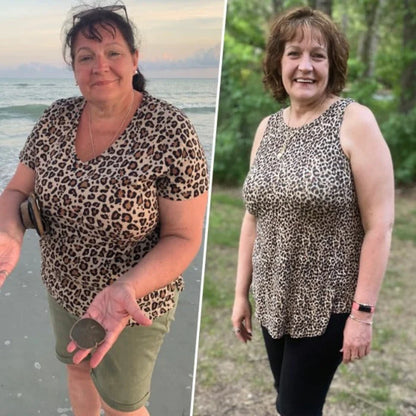 Before and after weight loss transformation of a GLPure user by the beach.