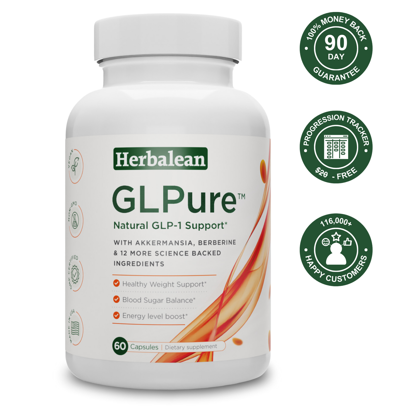 Herbalean GLPure supplement bottle with natural GLP-1 support, 90-day guarantee, free tracker, and 116,000+ happy customers.