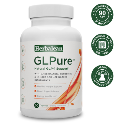 Herbalean GLPure supplement bottle with natural GLP-1 support, 90-day guarantee, free tracker, and 116,000+ happy customers.