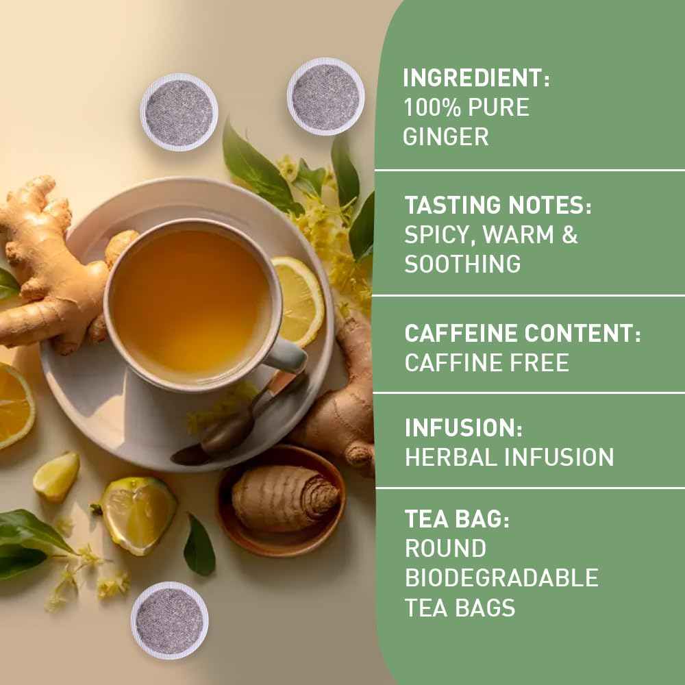 A cup of ginger tea along with the text of ingredients and taste