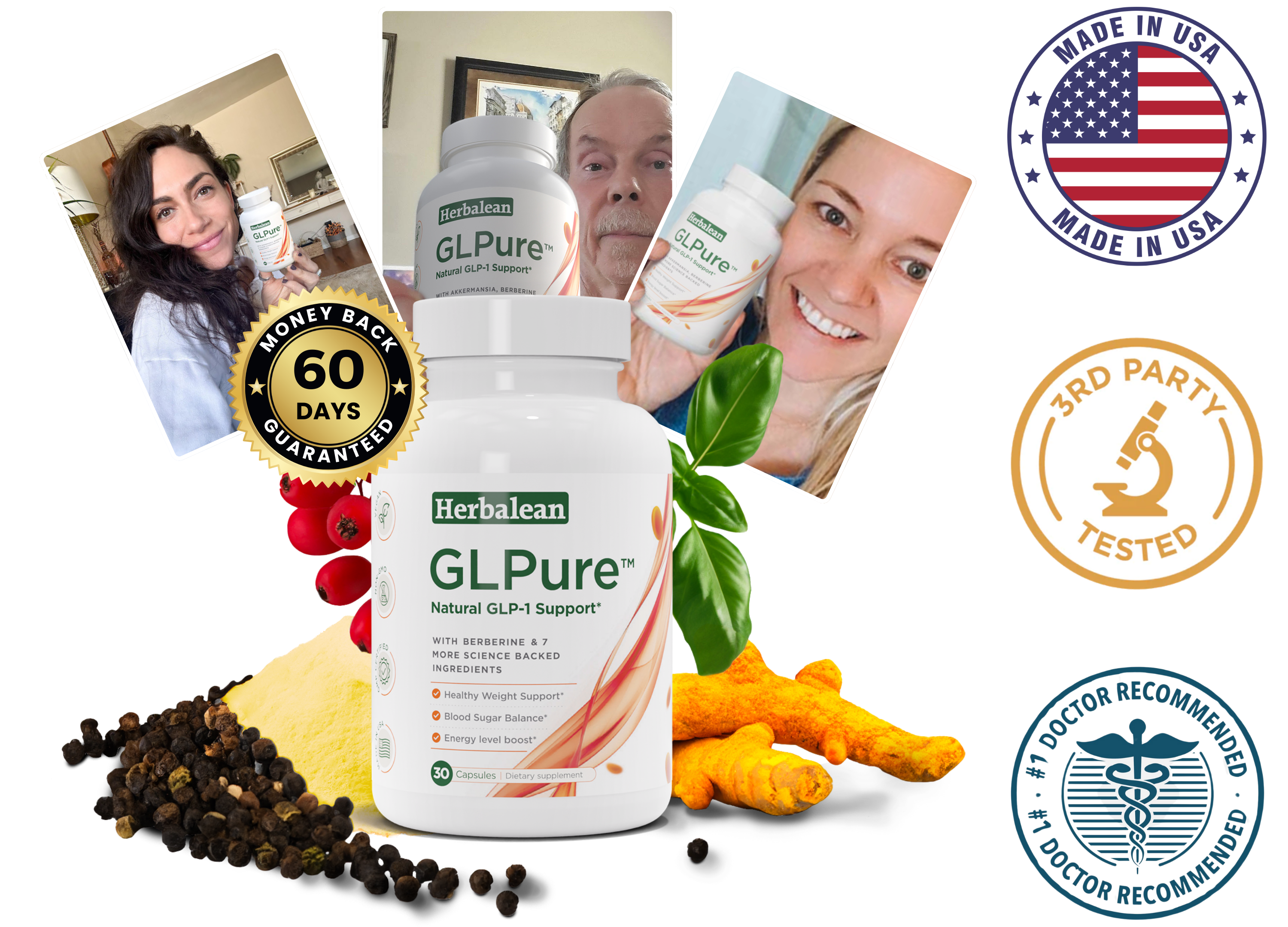 Herbalean GLPure GLP-1 supplement with customer testimonials and 90-day money-back guarantee