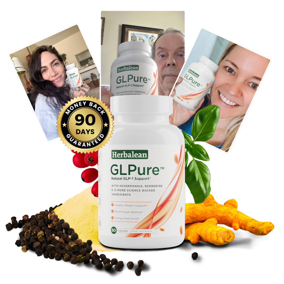 Herbalean GLPure GLP-1 supplement with customer testimonials and 90-day money-back guarantee