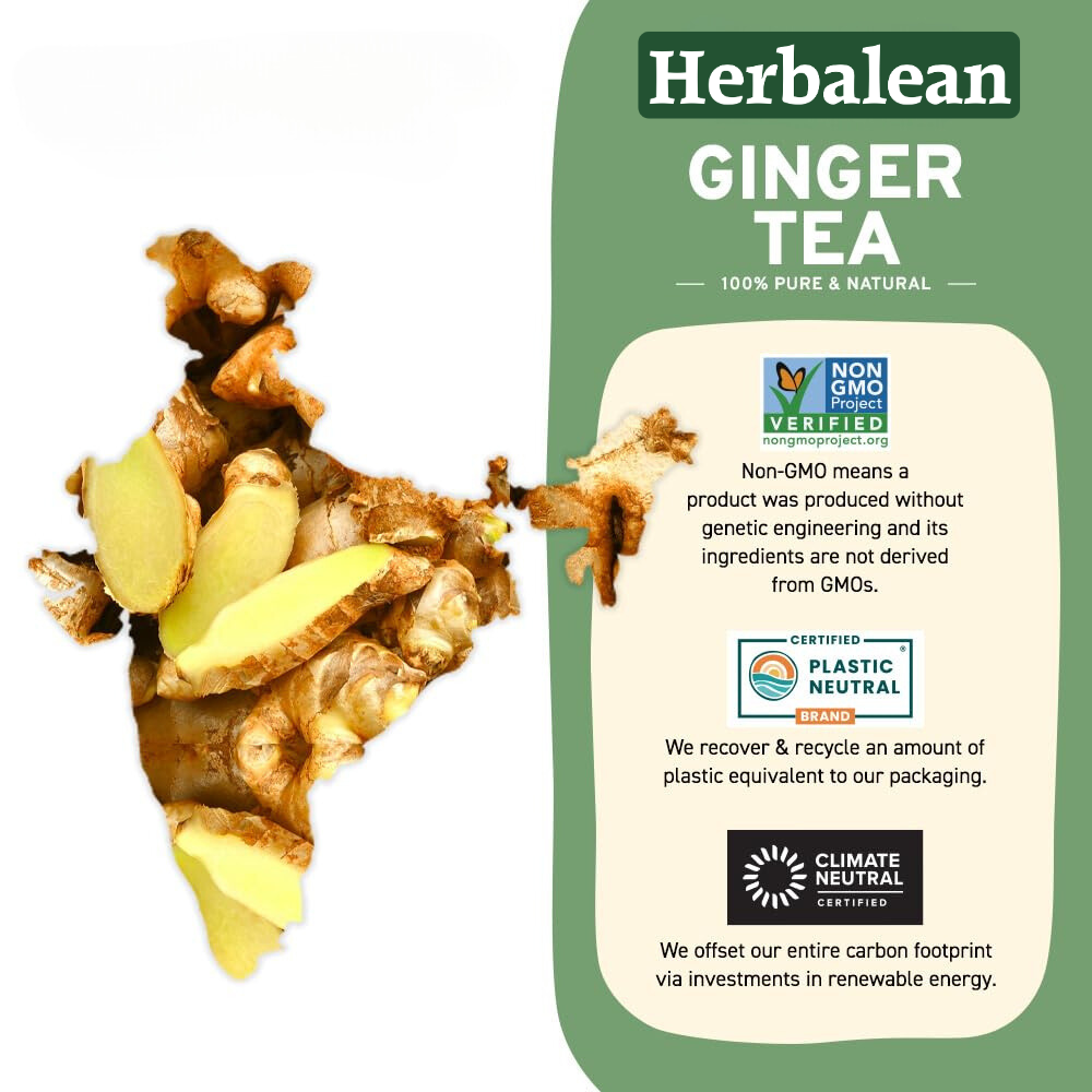 Herbalean Ginger Tea packaging featuring fresh ginger and certifications for being Non-GMO, Plastic Neutral, and Climate Neutral, indicating 100% pure and natural ingredients.