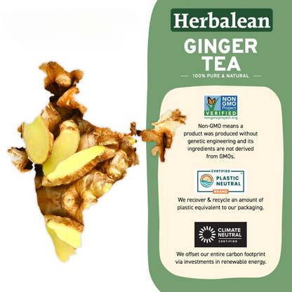 Herbalean Ginger Tea packaging featuring fresh ginger and certifications for being Non-GMO, Plastic Neutral, and Climate Neutral, indicating 100% pure and natural ingredients.