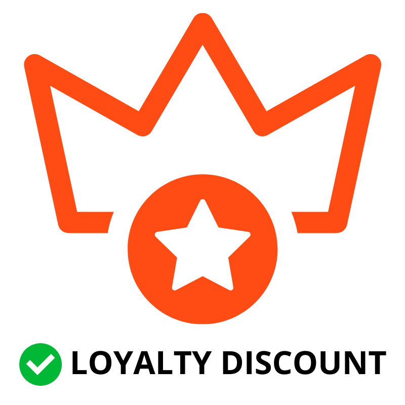 A crown in orange color with Loyalty Discount badge with a green tick 