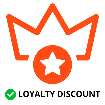 A crown in orange color with Loyalty Discount badge with a green tick 