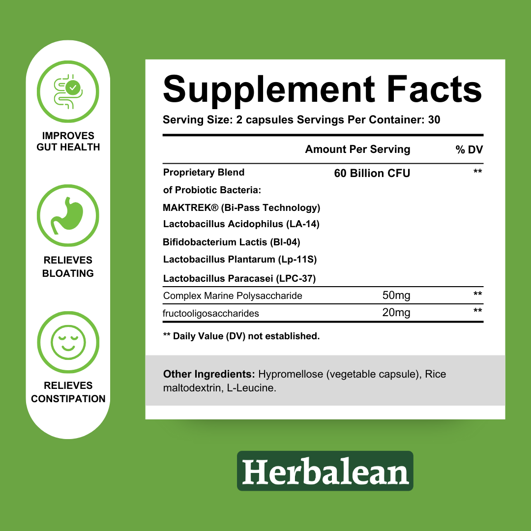 Supplement facts of Herbaleans's 60 Billion Skinny Probiotics