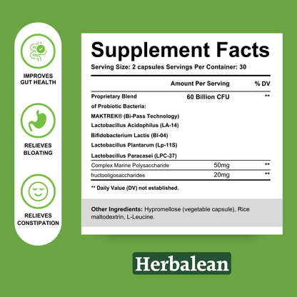 Supplement facts of Herbaleans's 60 Billion Skinny Probiotics