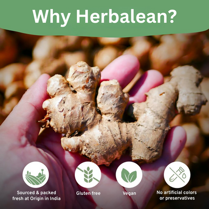 Person holding fresh ginger root with 'Why Herbalean?' text and icons highlighting that the product is sourced from India, gluten-free, vegan, and free of artificial colors or preservatives.